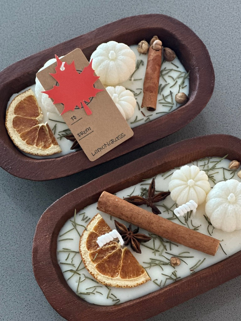 Fall Harvest Large Wooden Dough Bowl Candle