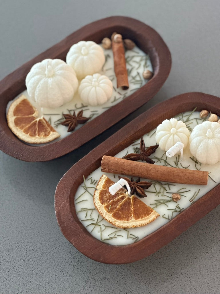 Fall Harvest Large Wooden Dough Bowl Candle