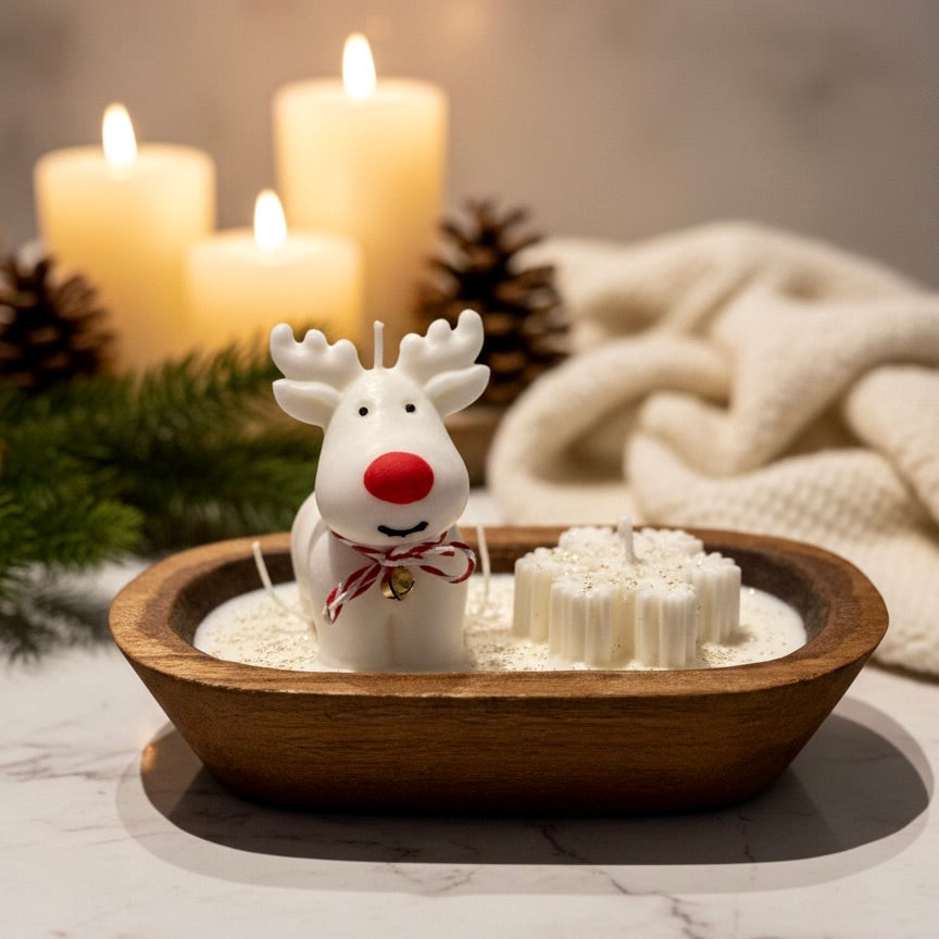 Christmas Candle on Rustic Wood Base - Reindeer