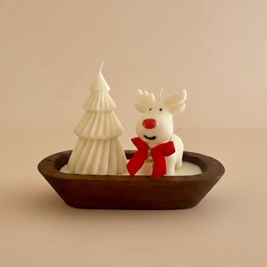 Christmas Candle on Large Rustic Wood Base - Tree & Reindeer