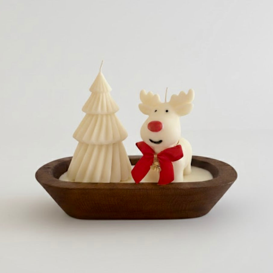 Christmas Candle on Large Rustic Wood Base - Tree & Reindeer