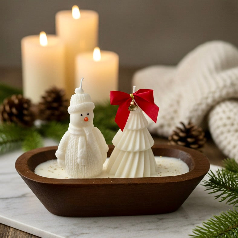 Christmas Candle on Large Rustic Wood Base - Snowman