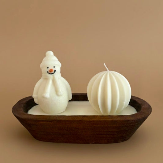 Christmas Candle on Large Rustic Wood Base - Snowman & Ornament