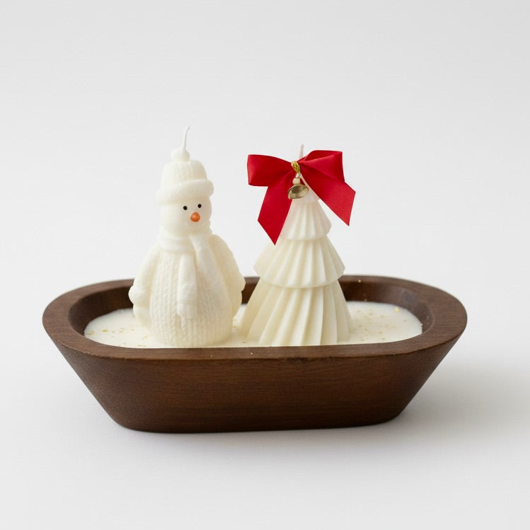 Christmas Candle on Large Rustic Wood Base - Snowman