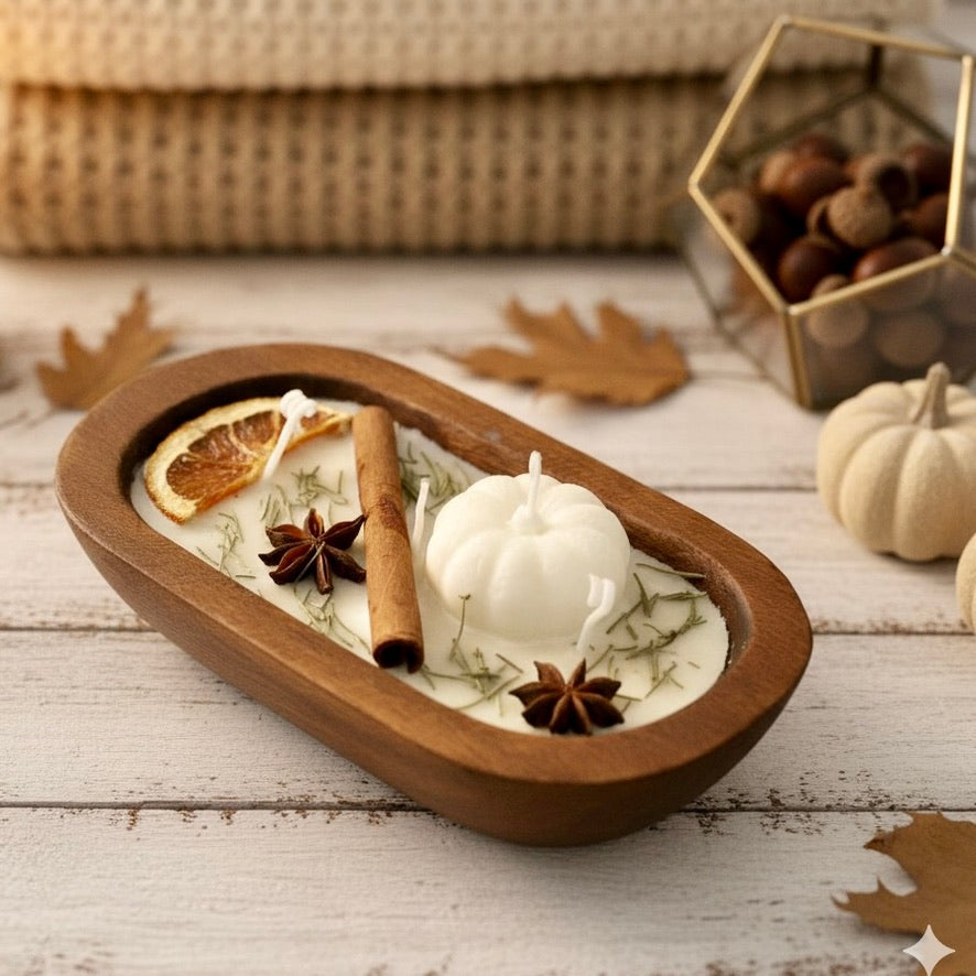 Fall Harvest Medium Wooden Dough Bowl Candle