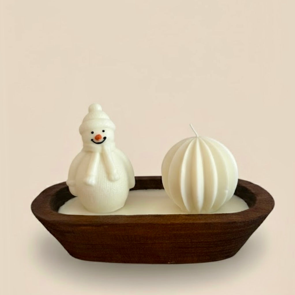 Christmas Candle on Large Rustic Wood Base - Snowman & Ornament